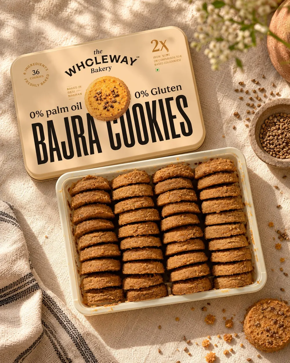 Wholeway Single grain Bajra Cookies box, open, packed with cookies