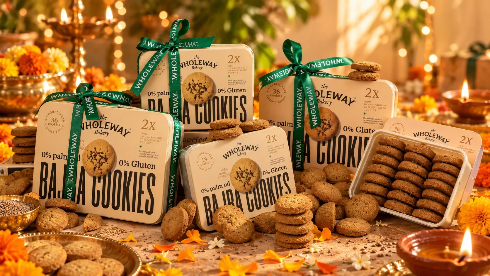 Wholeway Bajra Cookies boxes in a festive gift arrangement