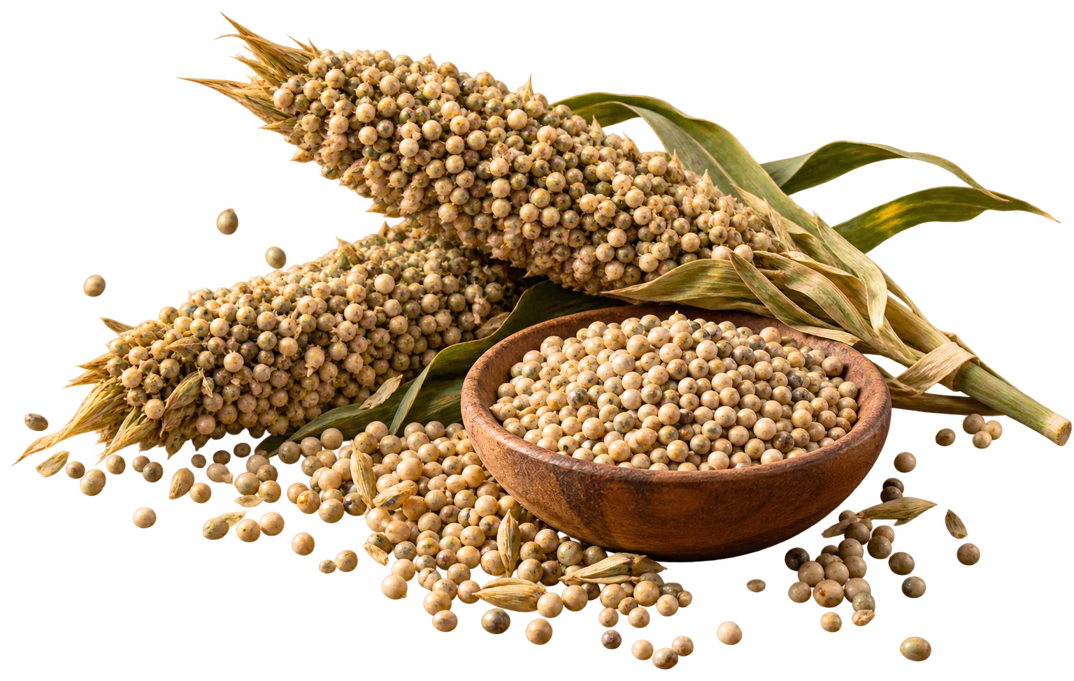 Pearl millet spikes beside a bowl of bajra grains