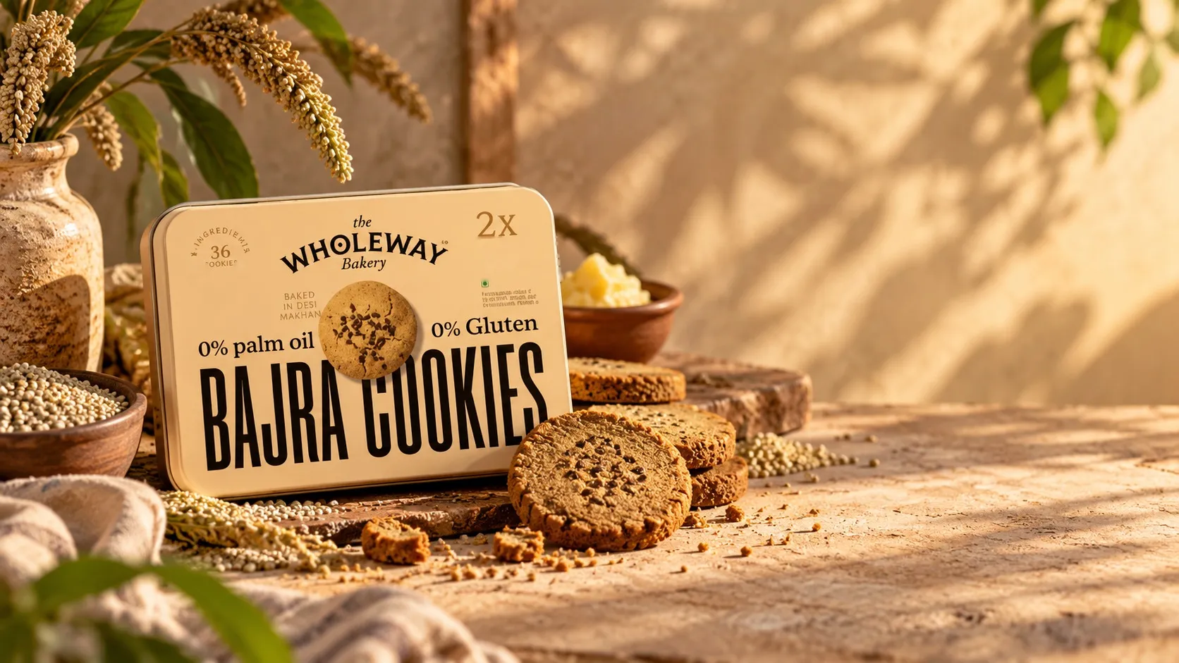 Wholeway Bajra Cookies tin in warm afternoon light beside a vase of bajra stalks